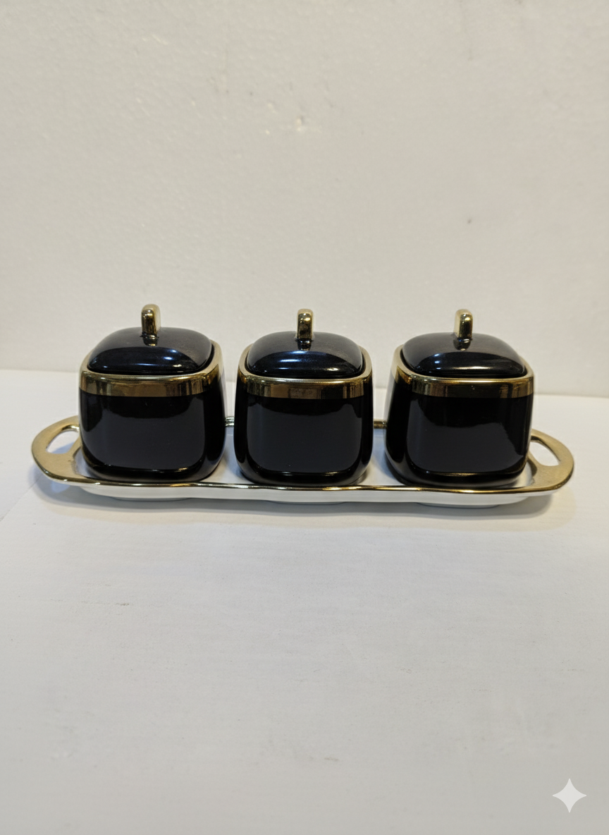 Luxury Ceramic Spice Jar Set – Black & Gold (3 Pieces with Tray)