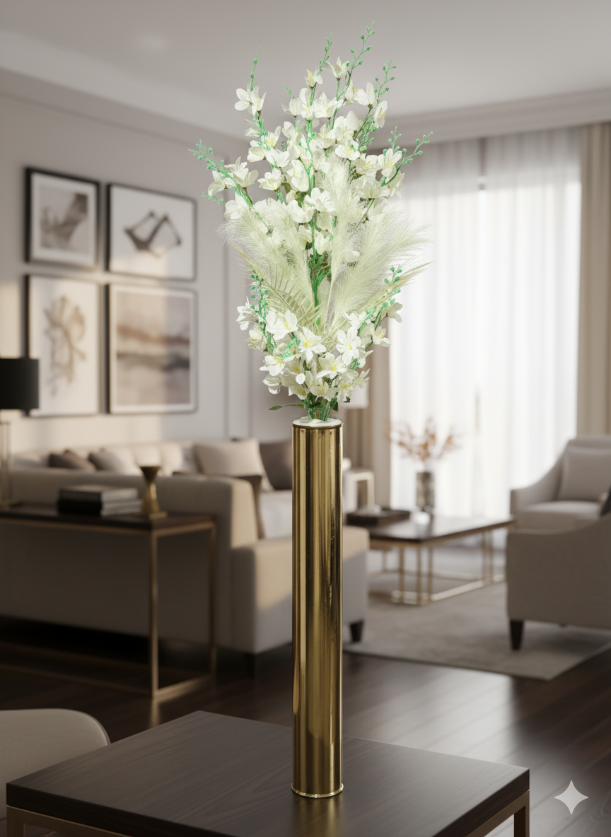 Tall Artificial Floral Arrangement in Gold Cylinder Vase