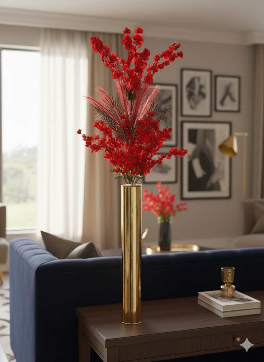 Tall Artificial Floral Arrangement in Gold Cylinder Vase
