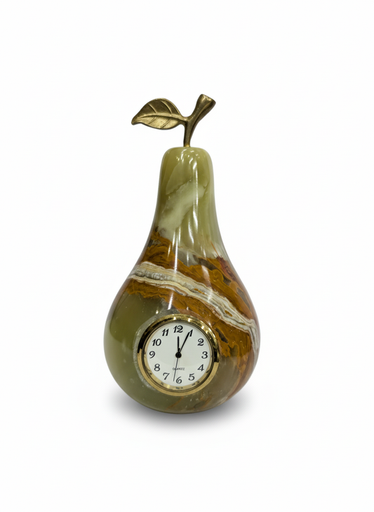 Handcrafted Onyx Pear Table Clock with Brass Leaf
