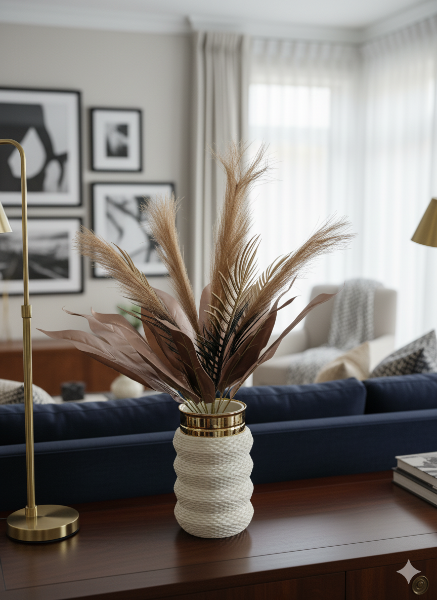 Artificial Pampas & Palm Arrangement in Textured Rope Vase