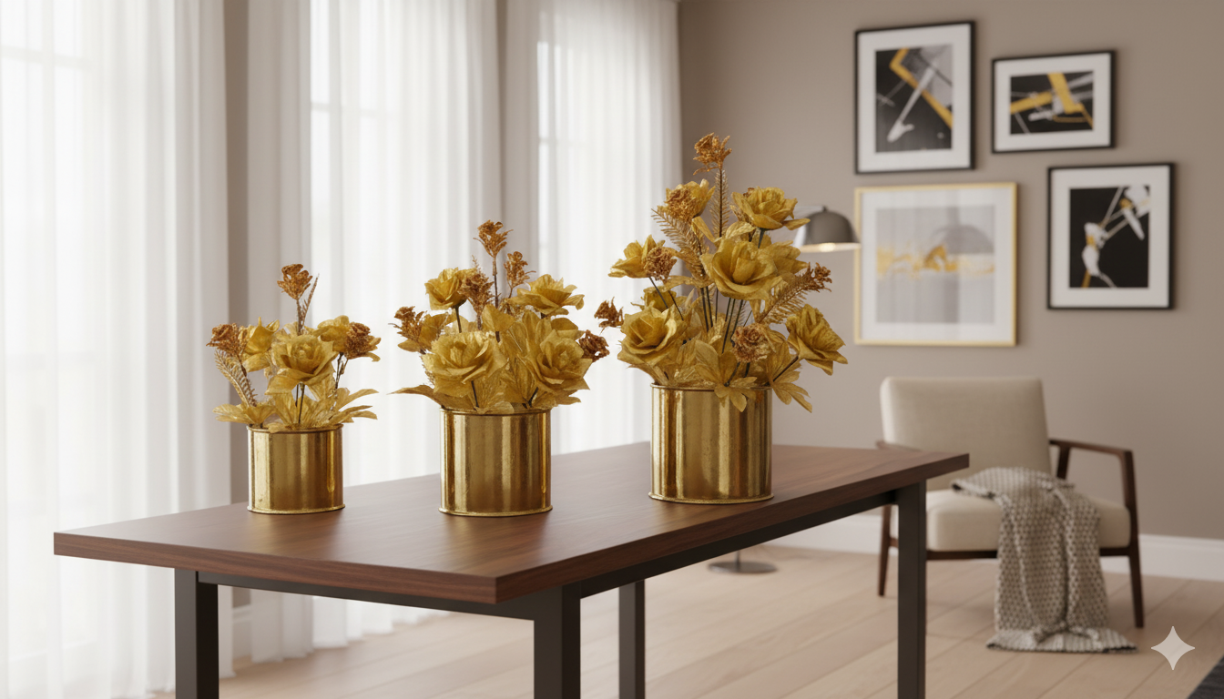 Decorative Artificial Flowers in Metallic Pots (Set of 3)  Product Description: