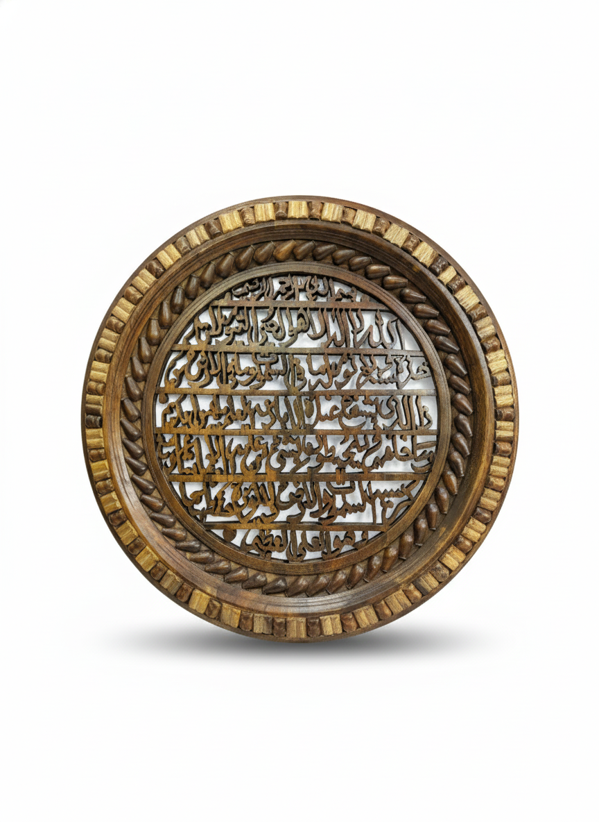 Hand-Carved Wooden Islamic Wall Plate – Arabic Calligraphy (Round)