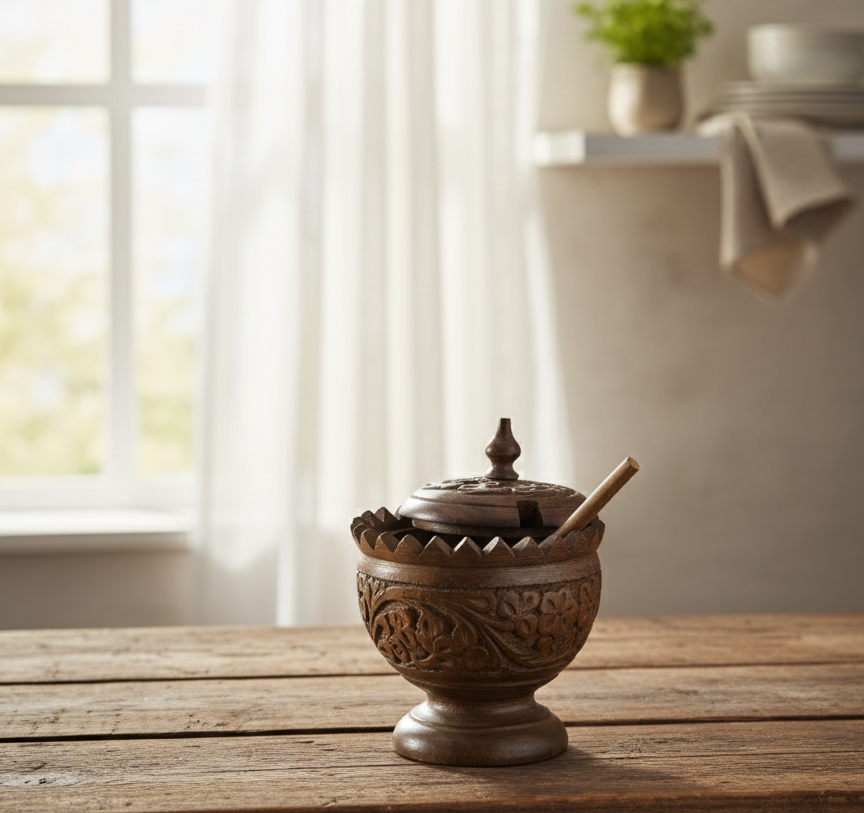 Handcrafted Wooden Spice Bowl with Spoon