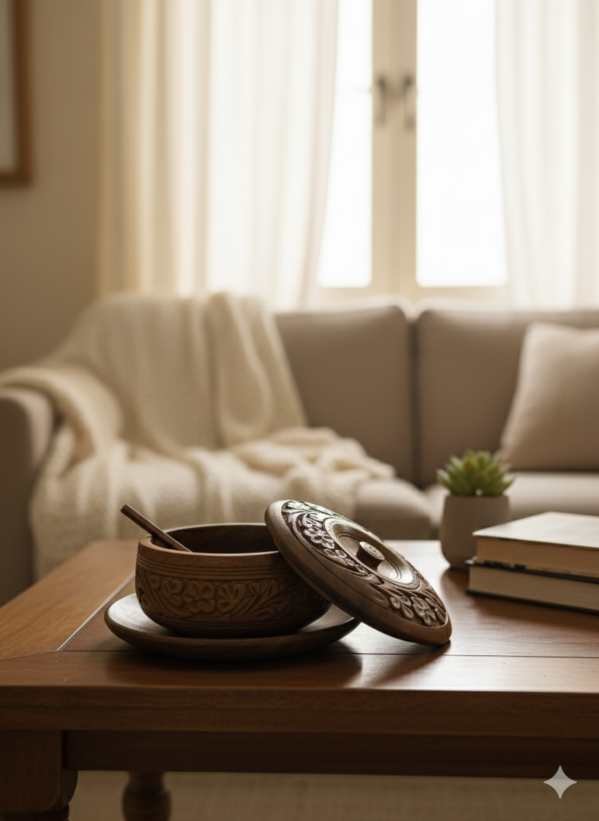 Hand-Carved Wooden Spice / Pickle Server with Spoon & Base Plate