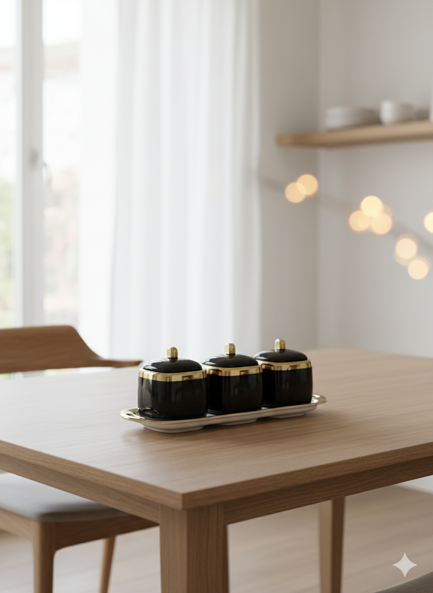 Luxury Ceramic Spice Jar Set – Black & Gold (3 Pieces with Tray)