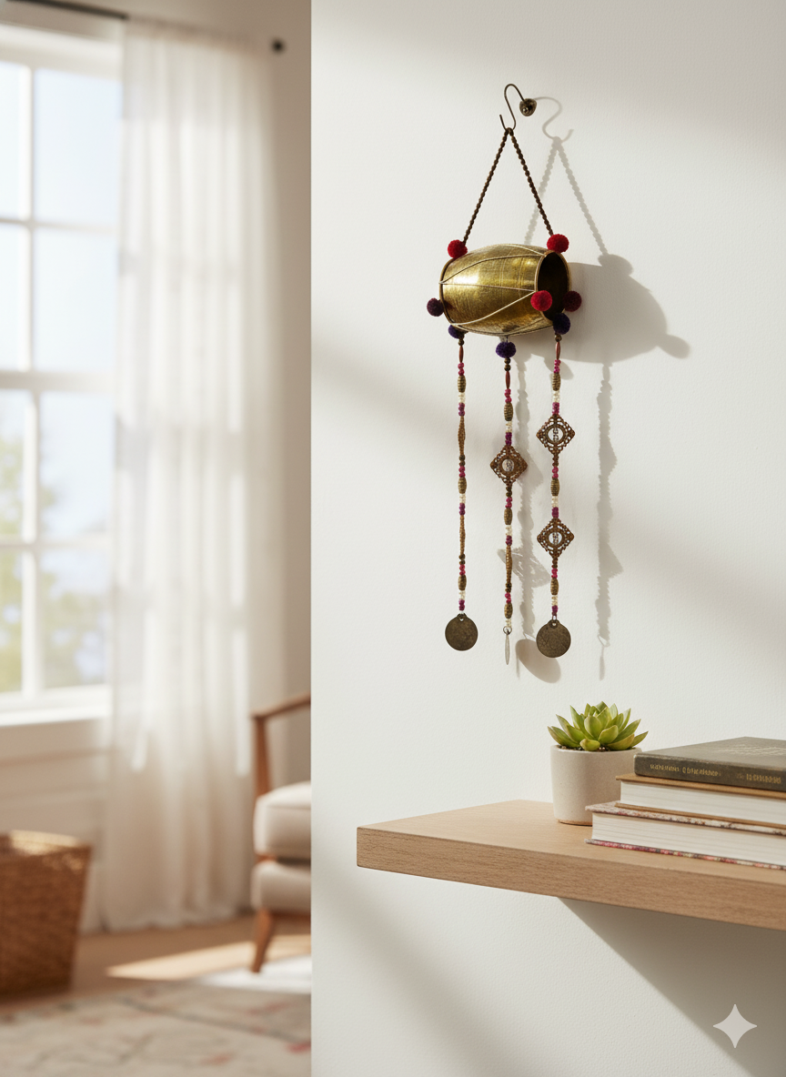 Handmade Brass Tribal Wall Hanging with Beads & Bells