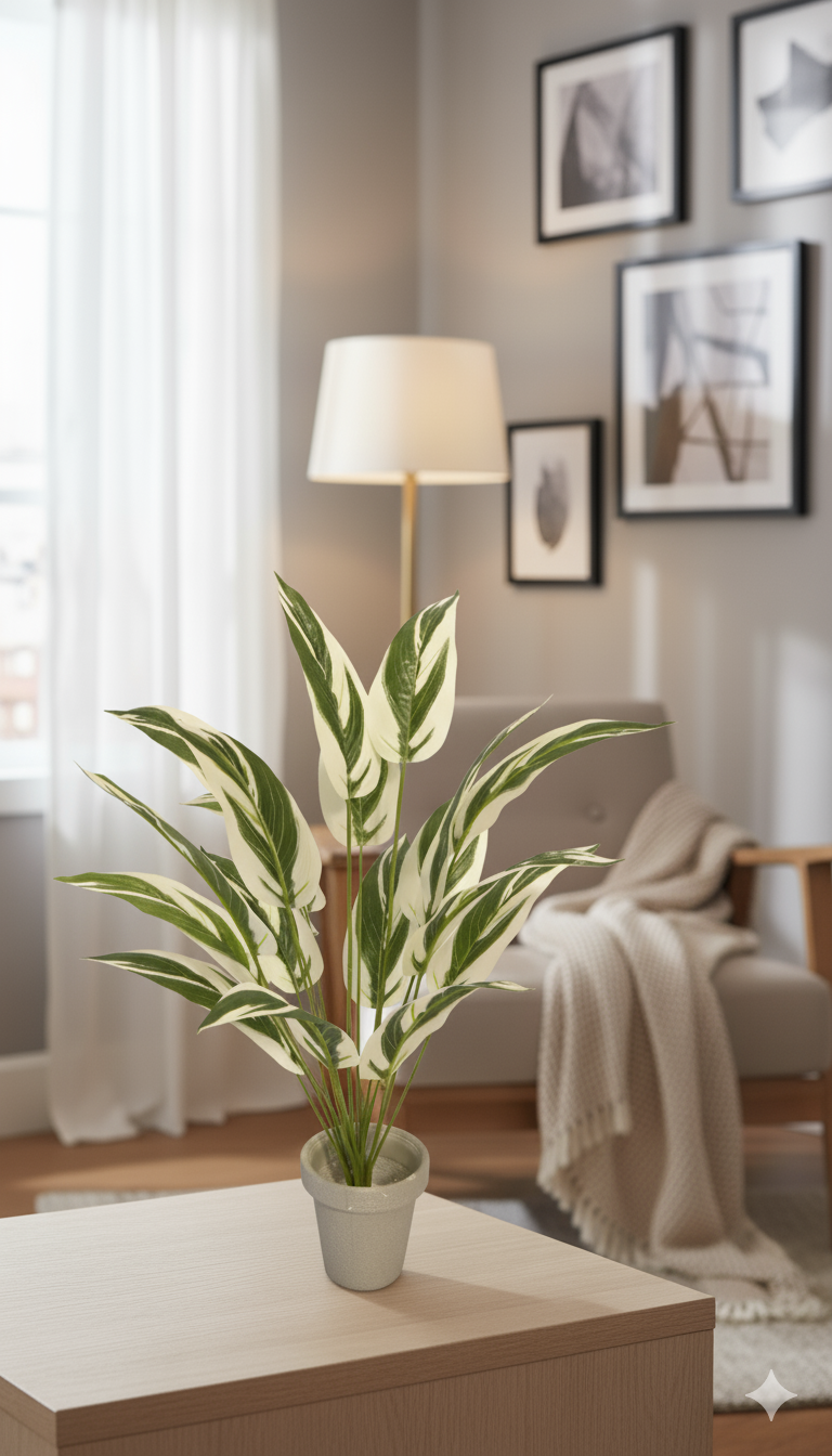 Variegated Green & White Artificial Plant in Beige Pot