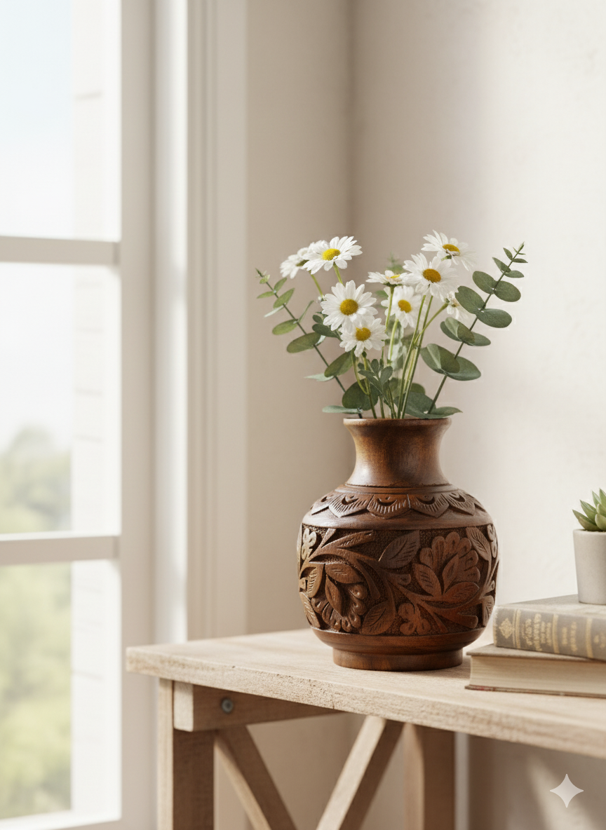 Handcrafted Floral Wooden Vase Décor