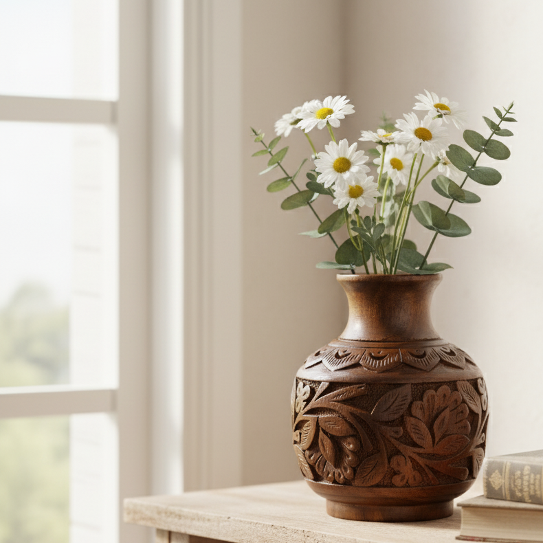 Handcrafted Floral Wooden Vase Décor