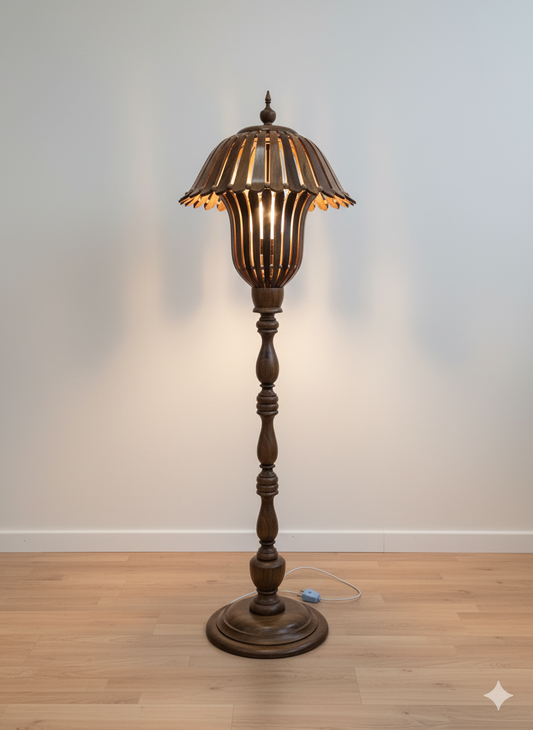 Hand-Crafted Wooden Floor Lamp with Open-Slat Shade