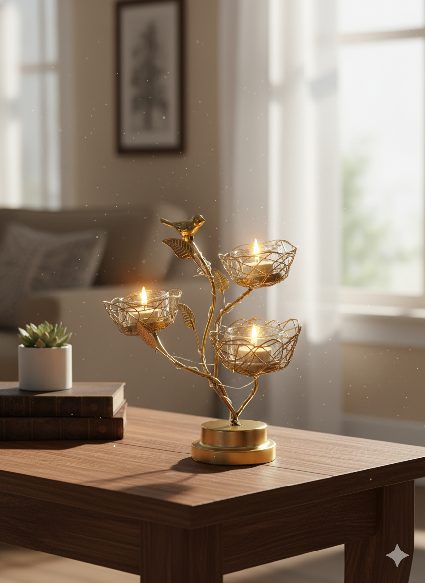 Golden Bird Nest Tealight Candle Holder