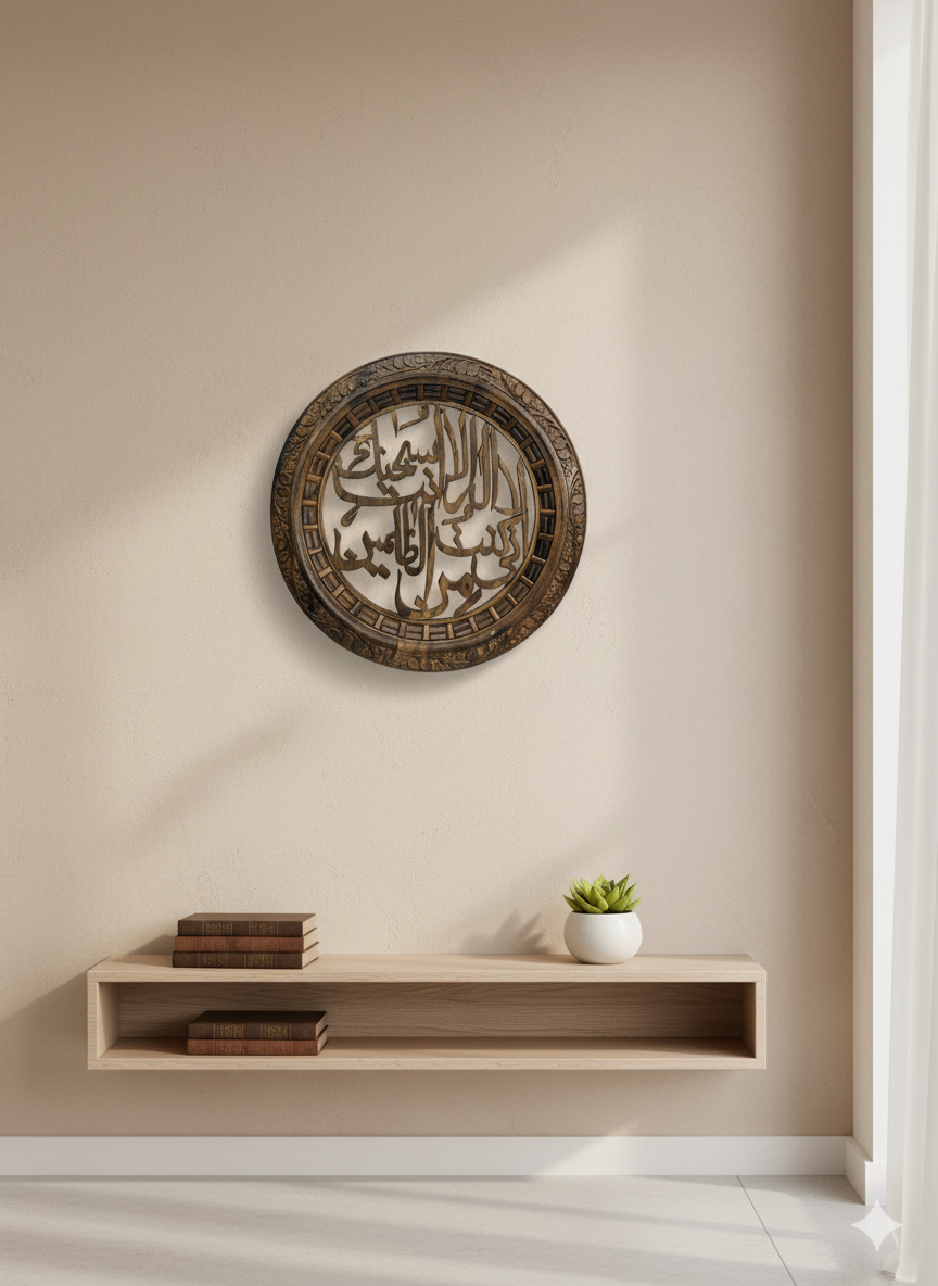 Hand-Carved Wooden Islamic Wall Plate – Arabic Calligraphy (Round)