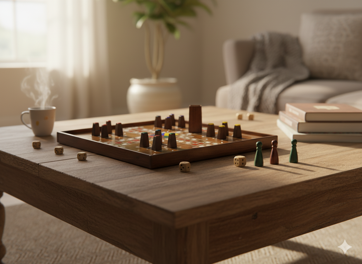 Handcrafted Wooden Ludo Board Game with Inlay & Peg Pieces