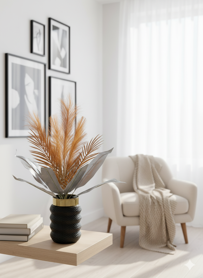 Artificial Pampas & Palm Arrangement in Textured Rope Vase
