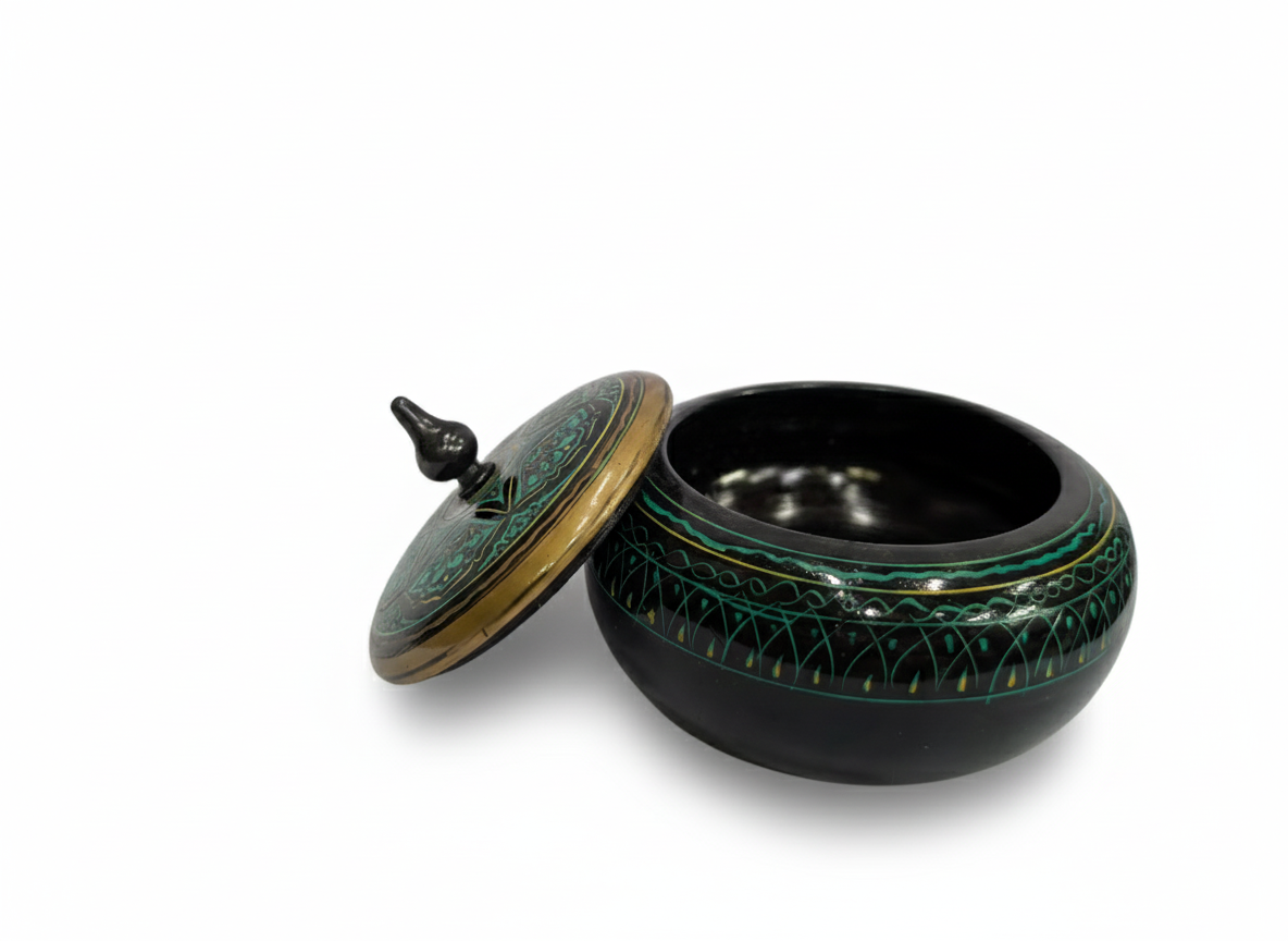 Hand-Painted Wooden Spice / Dry Snack Jar with Lid — Black & Green Tribal Design