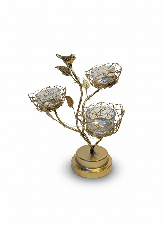 Golden Bird Nest Tealight Candle Holder
