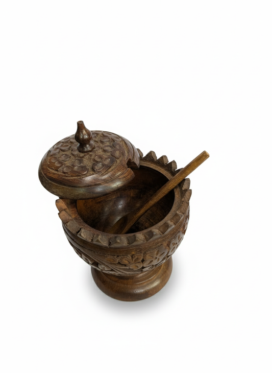 Hand-Carved Wooden Spice / Condiment Jar with Spoon & Lid
