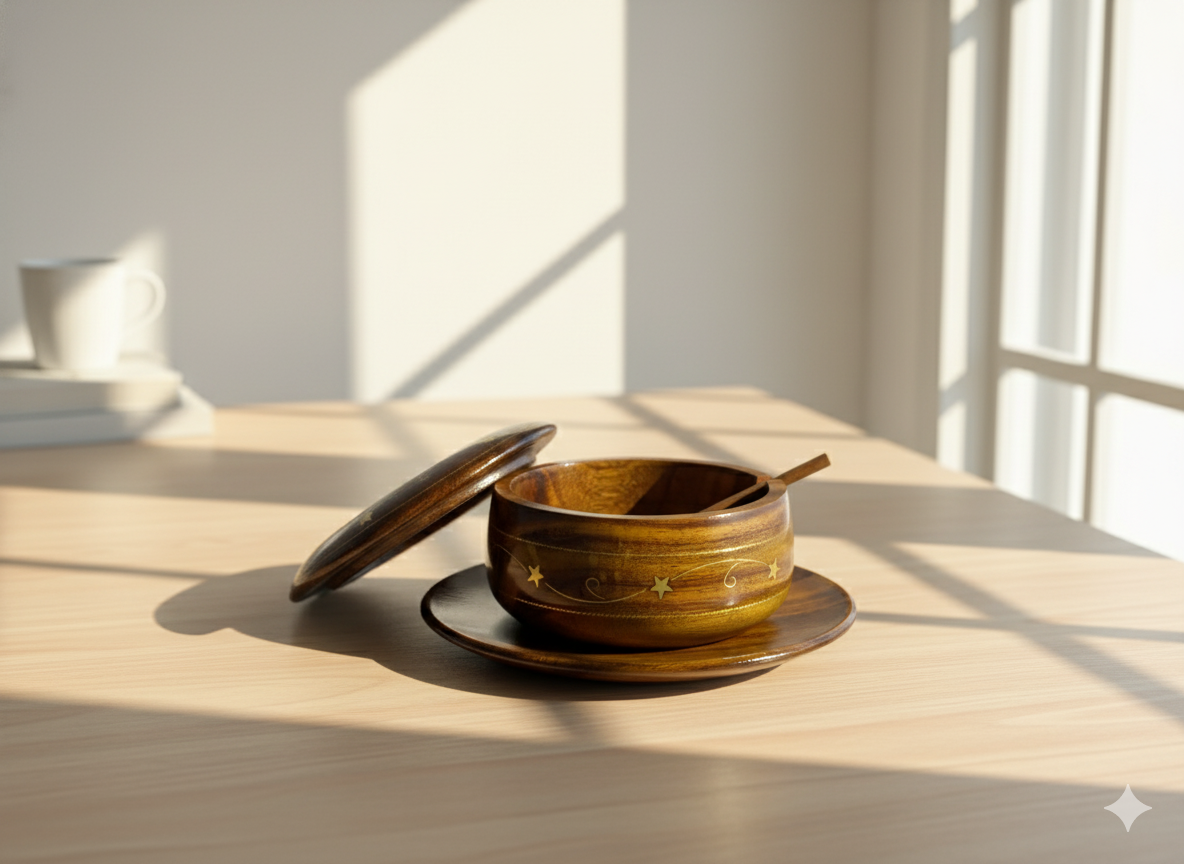 Handcrafted Wooden Star-Inlay Serving Pot with Plate & Spoon