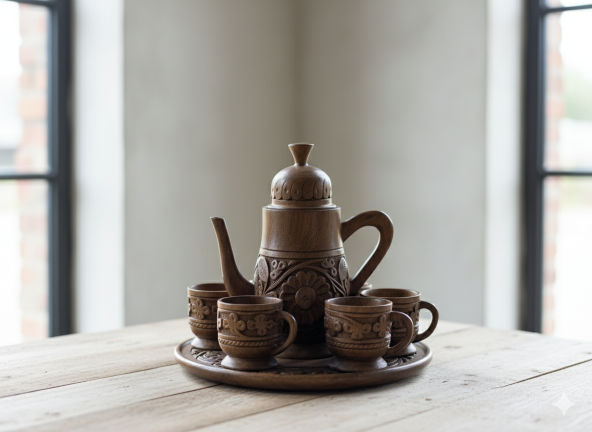 Hand-Carved Wooden Tea Set with Tray (Decorative 7-Piece Set)