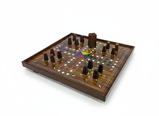 Handcrafted Wooden Ludo Board Game with Inlay & Peg Pieces