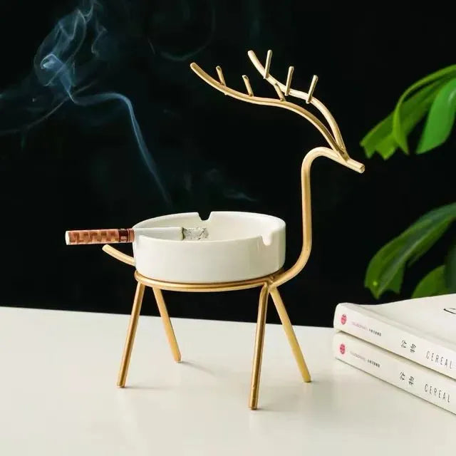 Deer Style Decorative Ashtray Ceramic Pot with Iron Construction for Home Decor
