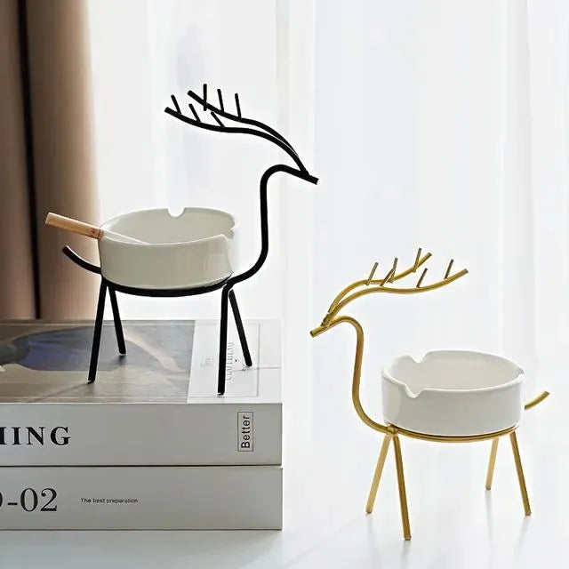 Deer Style Decorative Ashtray Ceramic Pot with Iron Construction for Home Decor