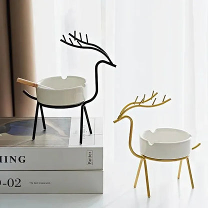 Deer Style Decorative Ashtray Ceramic Pot with Iron Construction for Home Decor